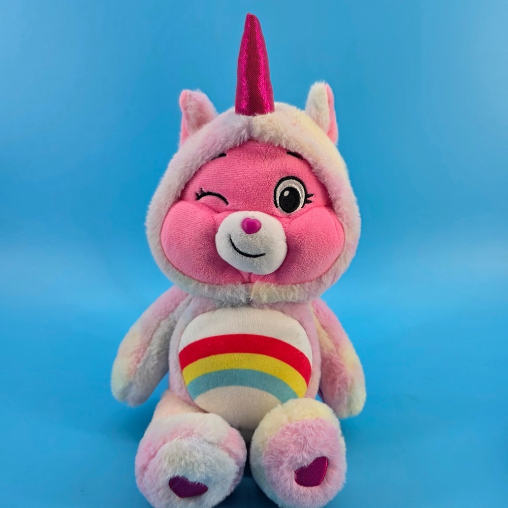 Care Bears Unlock The Magic Cheer Bear Plush Toy Unicorn Hood Rainbow 14in